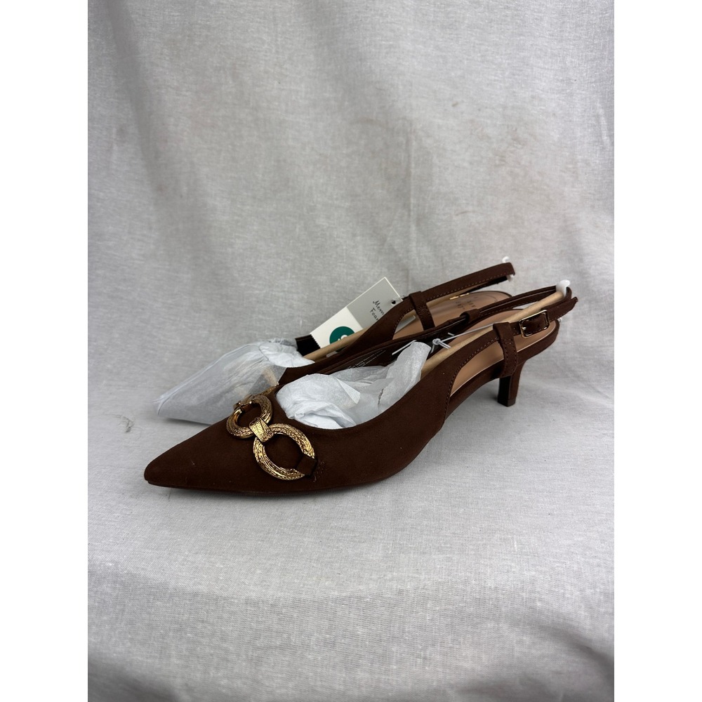 A New Day Womens Brown Slingback Kitten Heels Gold Chain Detail Size 9 NWT